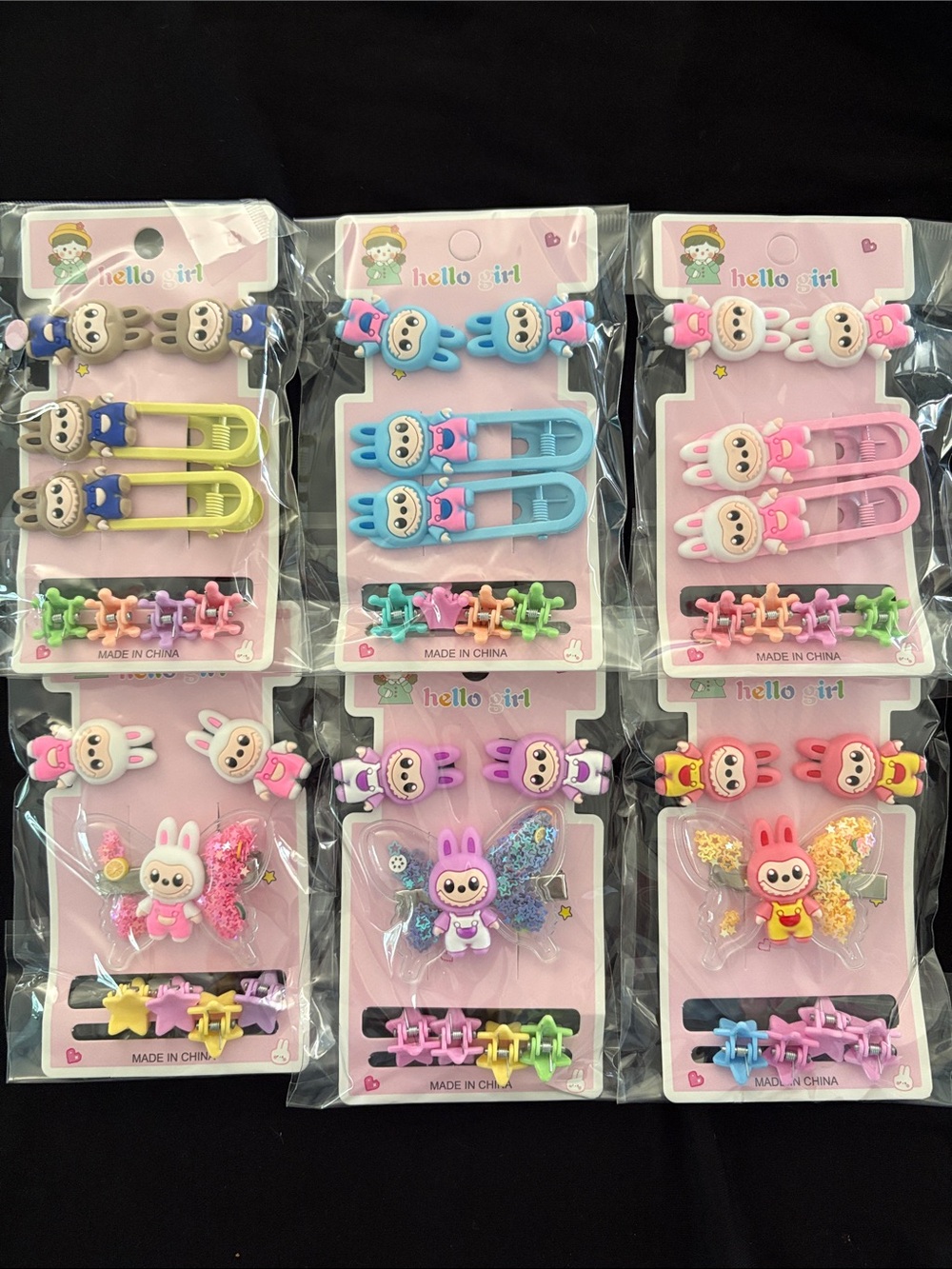 Kids Labubu Hair Clip Set - Pink, Blue, Yellow Multiple Clips